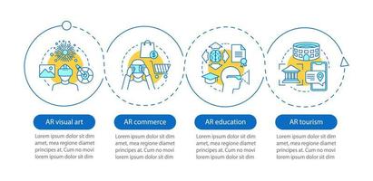 Augmented Reality Anwendung Vektor-Infografik-Vorlage. ar Handel, Bildung, Tourismus, bildende Kunst. Datenvisualisierung mit vier Schritten und Option. Zeitachsendiagramm des Prozesses. Workflow-Layout mit Symbolen vektor