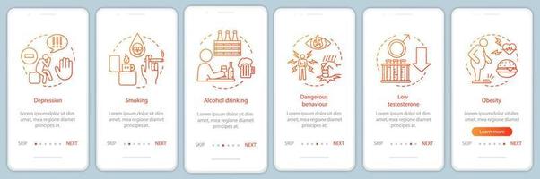 mäns hälsoriskfaktorer ombord på mobilappsidan med linjära koncept. rökning, fetma, alkohol genomgångssteg grafiska instruktioner. ux, ui, gui vektormall med illustrationer vektor