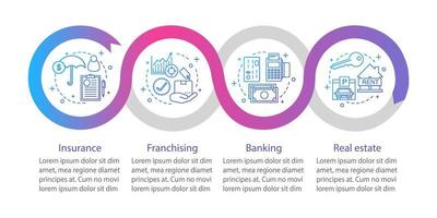 Versicherungsvektor-Infografik-Vorlage. Investition. Finanzen. Banken, Franchising, Immobilien. Datenvisualisierung mit vier Schritten und Optionen. Zeitachsendiagramm des Prozesses. Workflow-Layout mit Symbolen vektor