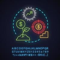 Symbol für das Gewinnwachstums-Neonlicht-Konzept. Einkommen Idee. Startkapital. Geschäftsentwicklung. Start-up. Geld verdienen. leuchtendes Schild mit Alphabet, Zahlen und Symbolen. isolierte Vektorgrafik vektor