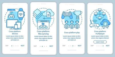 Cross-Plattform-Synchronisation Onboarding Mobile App-Seite Bildschirm-Vektorvorlage. Online-Gerätesynchronisierung. Walkthrough-Website-Schritte mit linearen Illustrationen. ux, ui, gui Smartphone-Schnittstellenkonzept vektor