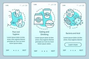 orsaker till tandsjukdomar onboarding mobil app sidskärm med linjära koncept. ohälsosam livsstil genomgångssteg grafiska instruktioner. ux, ui, gui vektormall med illustrationer vektor