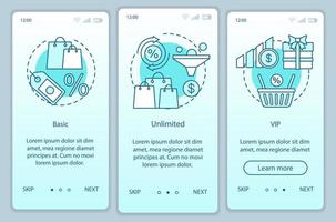 rabatter bonusar prenumeration onboarding mobil app sida skärm vektor mall. grundläggande, vip-tariffer. genomgång av webbplatssteg med linjära illustrationer. ux, ui, gui smartphone gränssnitt koncept