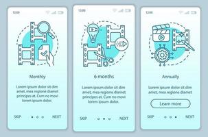 videoredigerare prenumeration onboarding mobil app sida skärm vektor mall. månatliga eller årliga tariffer. genomgång av webbplatssteg med linjära illustrationer. ux, ui, gui smartphone gränssnitt koncept