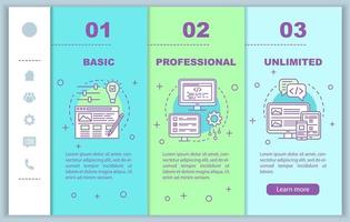 prissättning för webbplatsbyggare onboarding mobil webbsidor vektor mall. grundtaxa. responsiv smartphone webbplats gränssnitt idé, linjära illustrationer. webbsida genomgång steg skärmar. färg koncept