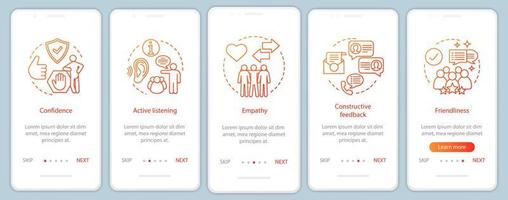 hr mjuka egenskaper onboarding mobil app sida skärm vektor mall. kommunikationsfärdigheter. lyssnande, vänlighet, självförtroende. genomgång av webbplatsens steg. ux, ui, gui smartphone gränssnitt koncept