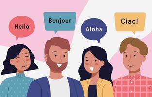 platt unga människor säger hej på olika språk vektor