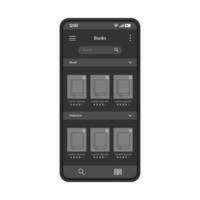 online bokhandel smartphone gränssnitt vektor mall. mobil e-läsare app siddesign layout. e-bok butik. virtuellt bibliotek. köpa digitala böcker online-skärm. platt UI för applikation. telefonens display