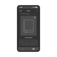 Ebooks-Reader-Smartphone-App-Schnittstellenvektorvorlage. schwarzes Design-Layout der mobilen Anwendungsseite. Lesen von elektronischen Büchern. Bildschirm der virtuellen Bibliothek. Online-Buchhandlung. flache ui. Telefondisplay mit Buch vektor