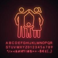 Kinderschutz-Neonlicht-Symbol. Familie. positive Elternschaft. Kinderbetreuung. glückliche Elternschaft. Vater, Mutter und Kleinkind. leuchtendes Schild mit Alphabet, Zahlen und Symbolen. isolierte Vektorgrafik vektor