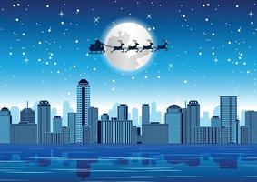 Der Weihnachtsmann fliegt in der Weihnachtsnacht über den Wolkenkratzer vektor