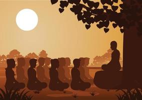 buddhistische Frauen und Männer zahlen Zugmeditation mit Mönch, um unter dem Baum zum Frieden und aus dem Leiden zu kommen vektor