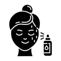 Schönheit Wasser Glyphe Symbol. Hautpflegeverfahren. Schönheitsbehandlung für das Gesicht. Sprühen Sie das Gesichtsprodukt in die Flasche, um Feuchtigkeit zu spenden. Kosmetik, Make-up. Silhouette-Symbol. negativer Raum. isolierte Vektorgrafik vektor