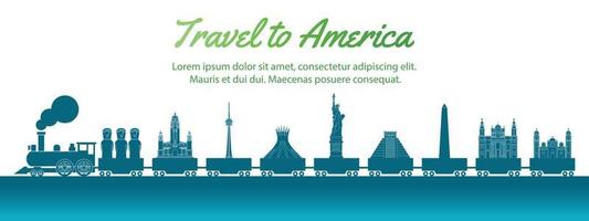 Amerika-Wahrzeichen, das mit dem Zug getragen wird, Konzeptkunst-Silhouette-Stil, Vektorillustration, grün-blauer Farbverlauf vektor