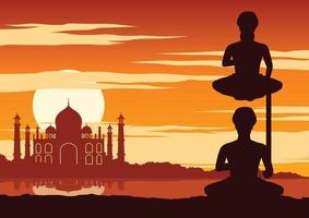Indien-Yogi führen Yoga in der Nähe von berühmten Wahrzeichen bei Sonnenuntergang durch vektor