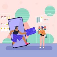 kvinna frakt via mobilapplikation med kreditkortskoncept vektor