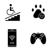 Wohnungsausstattung Glyphe Icons Set. Rollstuhlgerecht, Haustiere erlaubt, Spielzimmer, W-Lan kostenlos. Immobilien-Komfort für Mieter. Wohndienstleistungen. Silhouette-Symbole. isolierte Vektorgrafik vektor