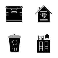 Wohnungsausstattung Glyphe Icons Set. Smart-Home-Funktionen, Lagerung, Recycling-Service, Dachterrasse. Immobilien-Komfort für Mieter. Silhouette-Symbole. isolierte Vektorgrafik vektor