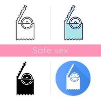 Kondom-Symbol. männliches Verhütungsmittel aus Gummi im Paket. Schwangerschaftsverhütung. Safer Sex. Schutz vor sexuell übertragbaren Infektionen. flaches Design, lineare und farbige Stile. isolierte vektorillustrationen vektor