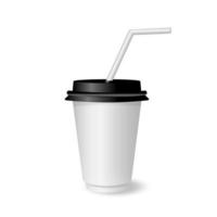 Vektor 3D realistische Weißbuch Einwegbecher mit schwarzer Farbe und Trinkhalm isoliert auf weißem Hintergrund. Kaffee, Soda, Tee, Cocktail, Milchshake. Verpackungsdesignvorlage für Mockup. Vordergrund