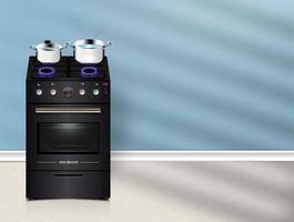 Vektor 3D-Küche Gasherd mit einer Reihe von Pfannen. Illustration für Hintergrunddesign von Küchengeräten.