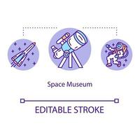 utrymme museum koncept ikon. utforska universum. rymdskepp, rymdskepp. kosmisk teknologi. astronomisk utställning idé tunn linje illustration. vektor isolerade konturritning. redigerbar linje