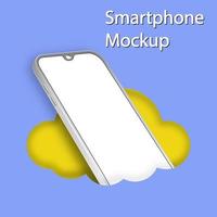 vit realistisk smartphone mockup i hålet. vektor 3d mobiltelefon med tom vit skärm. modern mobiltelefon mall på en blå bakgrund i molnet. 3D-enhet skärmillustration