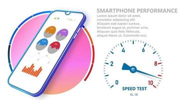 smartphone prestanda. ui och ux design med analytics. mobiltelefon panel. aktiv smartphoneskärm med pilindikator. vektor illustration.