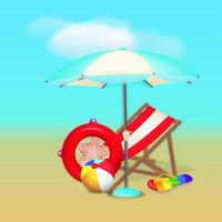 Es ist Sommerzeit-Meerblick-Vektor-Banner-Design. Sommer-Meerblick-Hintergrund mit bunten Strandelementen wie Strandball, Regenschirm im Sand. Vektor-Illustration. vektor