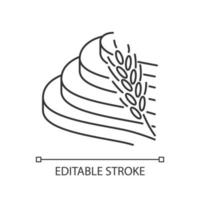 lineares Symbol für Reisterrassen. Agrarprodukte. indonesisches Ackerland. Terrassenlandwirtschaft. Getreide anbauen. dünne Linie Abbildung. Kontursymbol. Vektor isolierte Umrisszeichnung. bearbeitbarer Strich