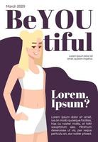 kropp positiv tidningsomslagsmall. journal mockup design. feminism. vektor sidlayout, platt karaktär. kvinnlig med blont hår. kvinna med fräknar reklam tecknad illustration, text utrymme