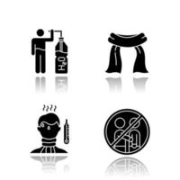 Erkältung Schlagschatten schwarze Glyphe Icons Set. Wasser und Flüssigkeit trinken. Halstuch. hohe Temperatur. Fieber Zeichen. vermeiden Sie den Kontakt mit Personen. Gesundheitsvorsorge. Kleidungsstück, Tuch. isolierte vektorillustrationen vektor