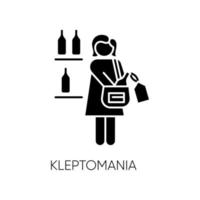 Kleptomanie-Glyphe-Symbol. Frau, die Alkohol stiehlt. Drogenmissbrauch. obsessiv-zwanghaftes Spektrum. Psychische Störung. Person versteckt Getränk. Silhouette-Symbol. negativer Raum. isolierte Vektorgrafik vektor