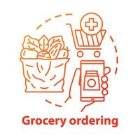 livsmedelsbutiker beställning program koncept ikon. kundservice, hemmat leverans idé tunn linje illustration. kundvagn, smartphone och grönsaker paket vektor isolerade konturritning