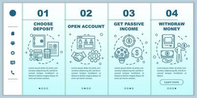 Onboarding-Vektorvorlage für mobile Webseiten einzahlen. Bankdienstleistung. Responsive Smartphone-Website-Schnittstellenidee mit linearen Illustrationen. Schrittbildschirme für die Website-Walkthrough-Schritte. Farbkonzept vektor