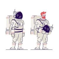 manlig kosmonaut med hjälm platt vektorillustration. leende rödhårig astronaut, rymdutforskare håller hjälm isolerade seriefigur på vit bakgrund. rymdutforskning, kosmiskt uppdrag vektor