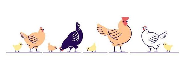 Hühner flachbild Vector Illustration. Mehrfarbige Küken, Hühner und Hahnkarikatur isolierte Gestaltungselemente mit Umriss. Hühnerfleischproduktion, Vogelzucht. Geflügelfarm, Tierhaltung