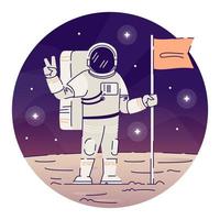 Kosmonaut, der Flagge auf Mond-flaches Konzeptsymbol platziert. Astronaut im Raumanzug, der Friedenszeichenaufkleber, Cliparts zeigt. Außerirdische Planetenlandung, Weltraumforschung isolierte Cartoon-Illustration auf weißem Hintergrund vektor