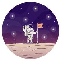 Astronaut, der Flagge auf dem flachen Konzeptsymbol des Mondes pflanzt. männlicher Kosmonaut in Raumanzügen, Friedenszeichen mit Handaufkleber, Cliparts. Planetenlandung isolierte Cartoon-Illustration auf weißem Hintergrund vektor