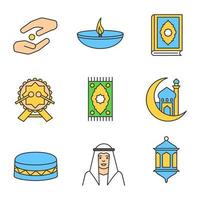 islamisk kultur linjära ikoner set. zakat, oljelampa, koranbok, daf, bönematta, moské och halvmåne, muslimsk man, lykta. tunna linjer kontur symboler. vektor illustrationer