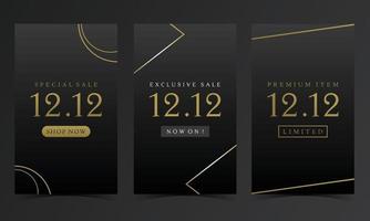 12 12 Schwarzgold-Luxus-Premium-Verkauf. Satz von 3 einfachen Hintergrundvektor-flache Art. geeignet für Banner, Cover oder Poster vektor
