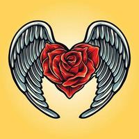 Engelsflügel mit Rose Herz Symbol Vektor Tattoo Illustrationen