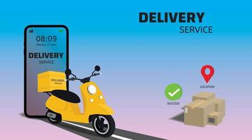 Lieferservice per Roller auf dem Handy. Online-Lebensmittelbestellung und Verpackungsbox. Online-Lieferservice-Konzept. Vektor-Illustration. vektor