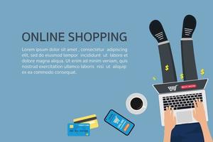 Online-Shopping-Konzept mit Mann, der auf Laptop tippt. Suchen und kaufen Sie auf der Website. Ansicht von oben. vektor