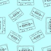 handgezeichnete Kassette und nahtloses Mixtape-Muster, schwarzer und blauer Cartoon-Doodle-Hintergrund für Musiktechnologie oder Audiogeräte vektor