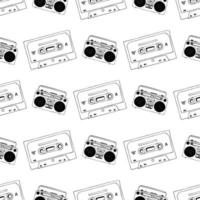 handgezeichnete Kassette, Mixtape und Vintage Retro-Plattenspieler nahtloses Muster, schwarz-weißer Cartoon-Doodle-Hintergrund für Musiktechnologie oder Audiogeräte vektor