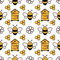 süße Honigbiene nahtlose Muster. Vektor-Doodle Cartoon Bienenstock, Blumen und Waben Illustration digitales Papier isoliert auf weißem Hintergrund für Kinder Stoffdrucke vektor