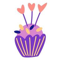 muffins med hjärtan. cupcake med glasyr. söt mat. alla hjärtans dag, romantisk, födelsedag semester symbol. tecknad stil efterrätt. vektor illustration för gratulationskort, print, klistermärken, affischer design.
