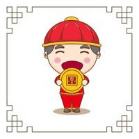 süßer chinesischer Junge, der große Münze Chibi-Cartoon-Figur hält. flache Designillustration vektor