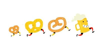 Illustration eines Bierkrugs und Bagels. Vektor. Symbole für die Website. Charakter Brezel mit Salz und einem Bagel für Bier. Schilder, Logo für den Laden und Verpackung. leckerer Biersnack. vektor